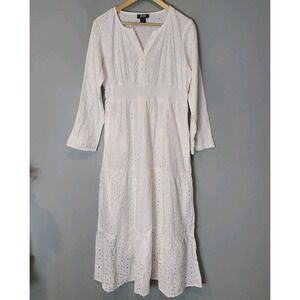 NAOO Cotton White Eyelet Lace Tiered Flowy Boho Cottage Maxi Dress Sz L Resort